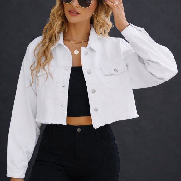 Jackets & Blazers - Stylish White Cropped Denim Jacket